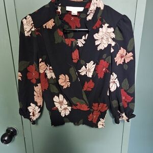 Monteau Red and Pink Wrap Blouse with Notched Collar